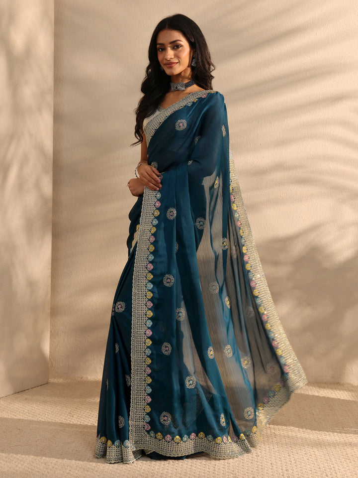 Teal Embellished Satin Sareewith Unstitched Blouse Piece
