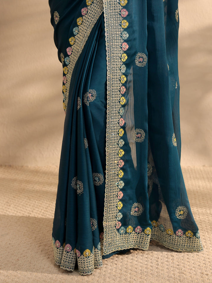 Teal Embellished Satin Sareewith Unstitched Blouse Piece