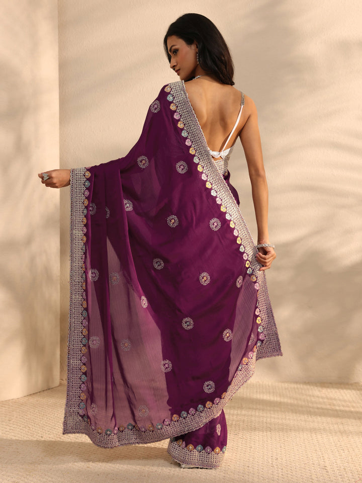 Burgundy Embellished Satin Saree With Unstitched Blouse Piece