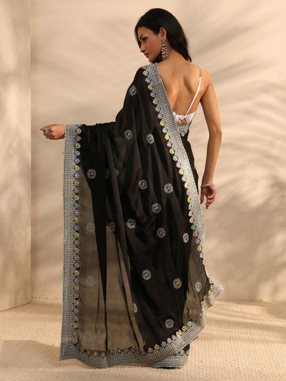 Black Embellished Satin Saree With Unstitched Blouse Piece
