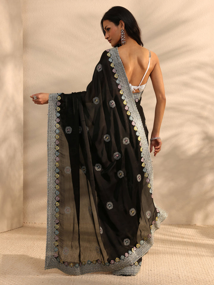 Black Embellished Satin Saree With Unstitched Blouse Piece