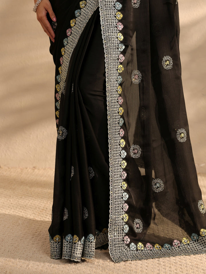 Black Embellished Satin Saree With Unstitched Blouse Piece
