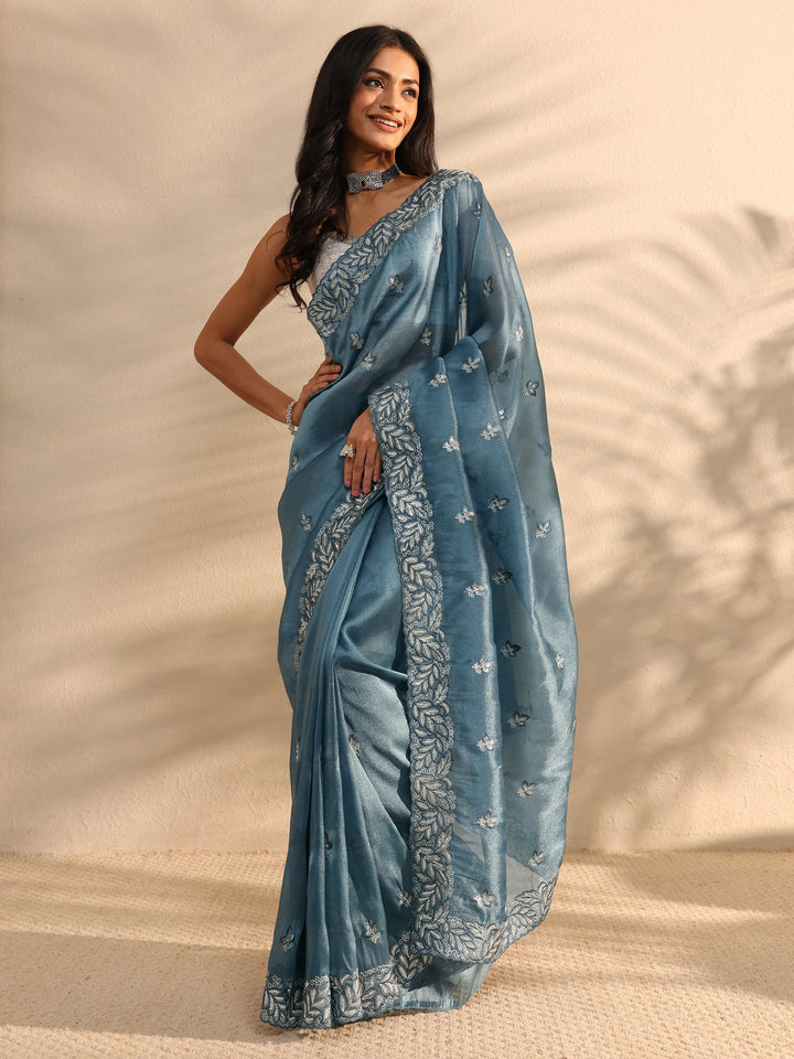 Blue Embroidered Silk Blend Saree 
With Unstitched Blouse Piece