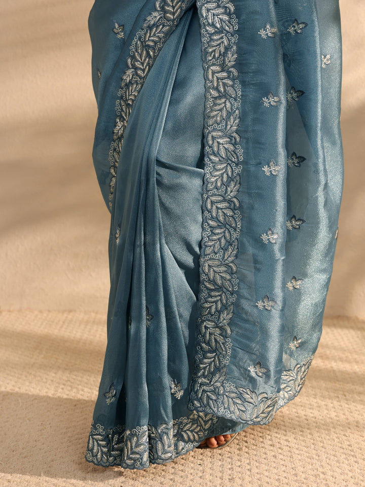 Blue Embroidered Silk Blend Saree 
With Unstitched Blouse Piece