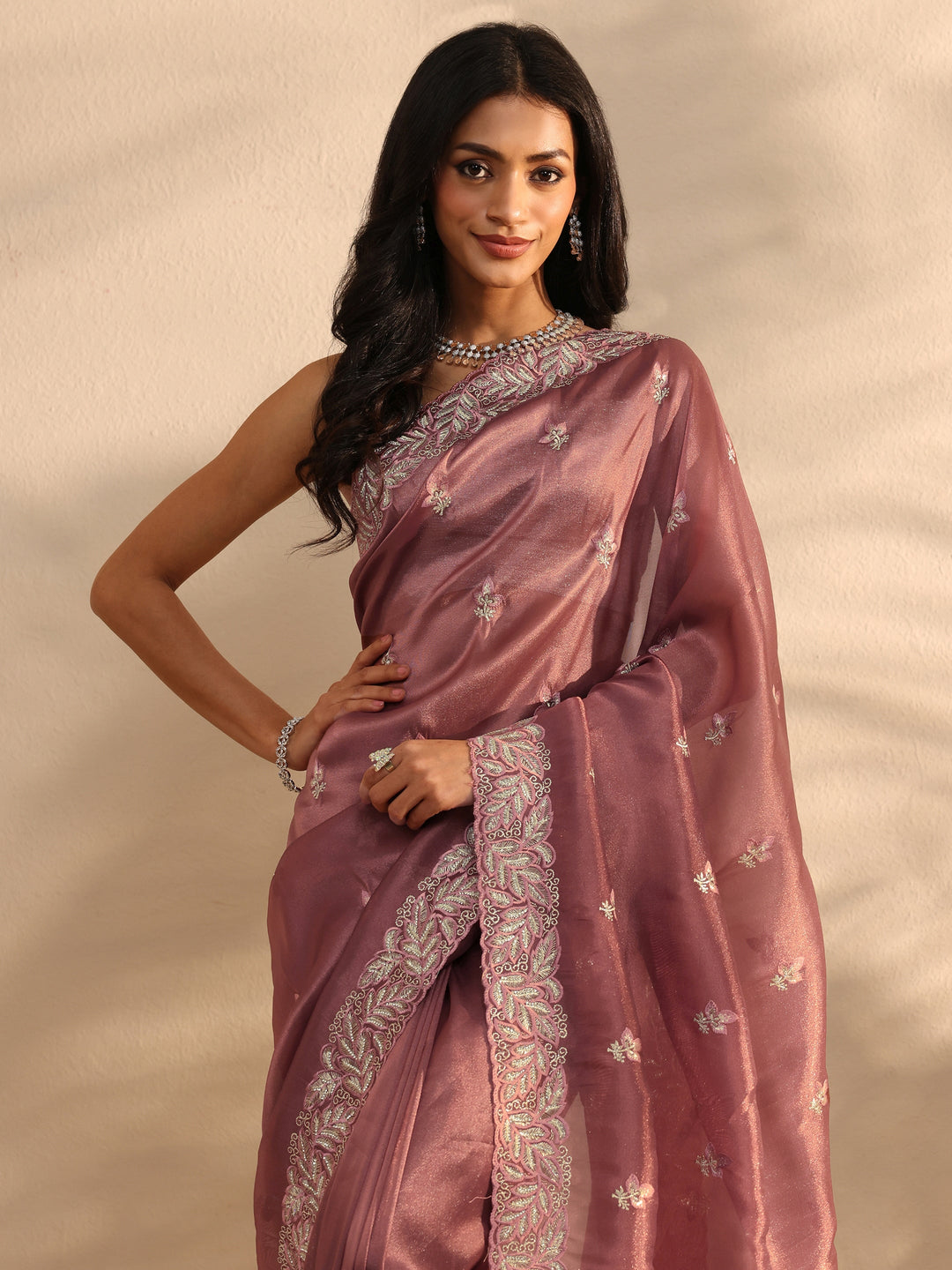 Taupe Embroidered Silk Blend Saree 
With Unstitched Blouse Piece