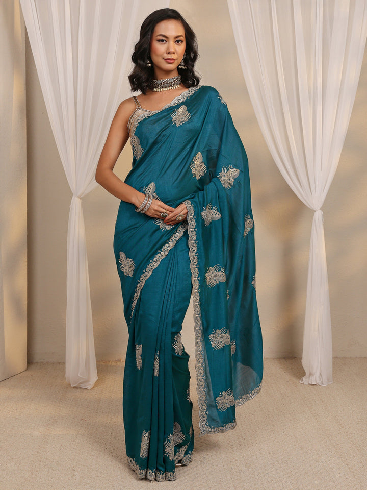 Blue Floral Embellished Silk Blend Saree With Unstitched Blouse Piece