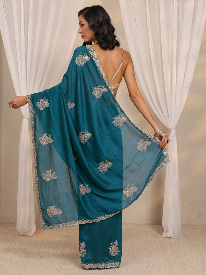Blue Floral Embellished Silk Blend Saree With Unstitched Blouse Piece