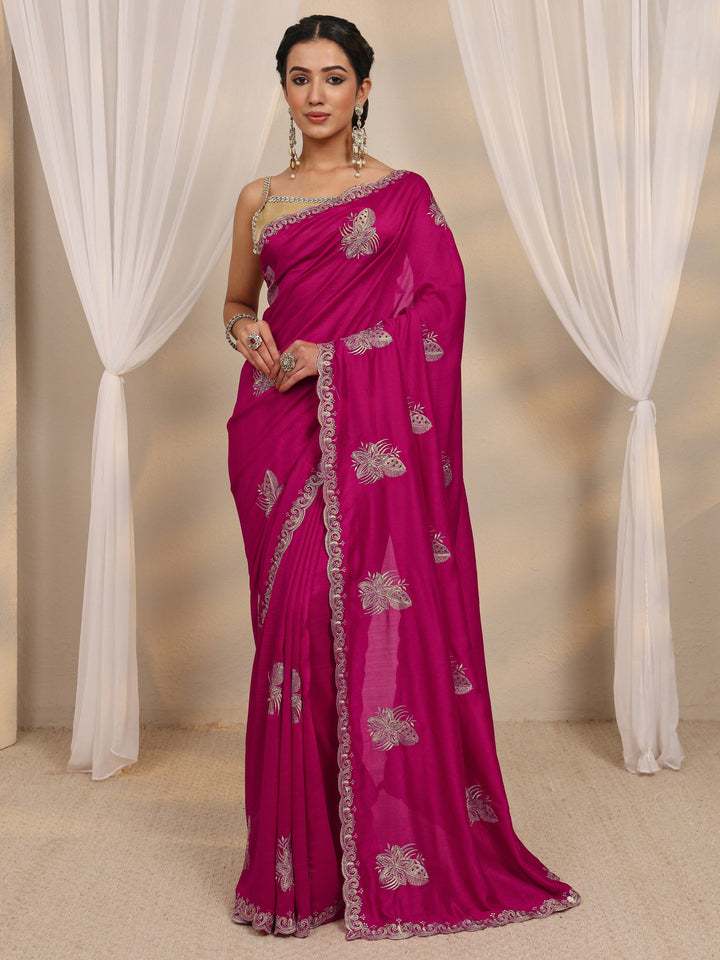 Pink Floral Embellished Silk Blend Saree With Unstitched Blouse Piece