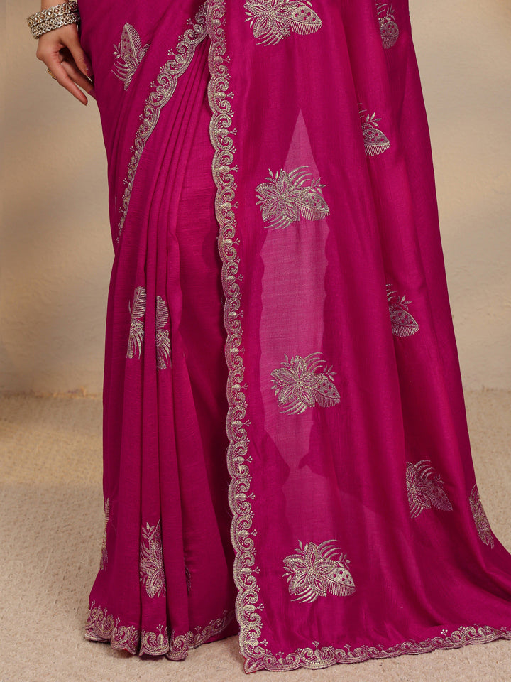 Pink Floral Embellished Silk Blend Saree With Unstitched Blouse Piece