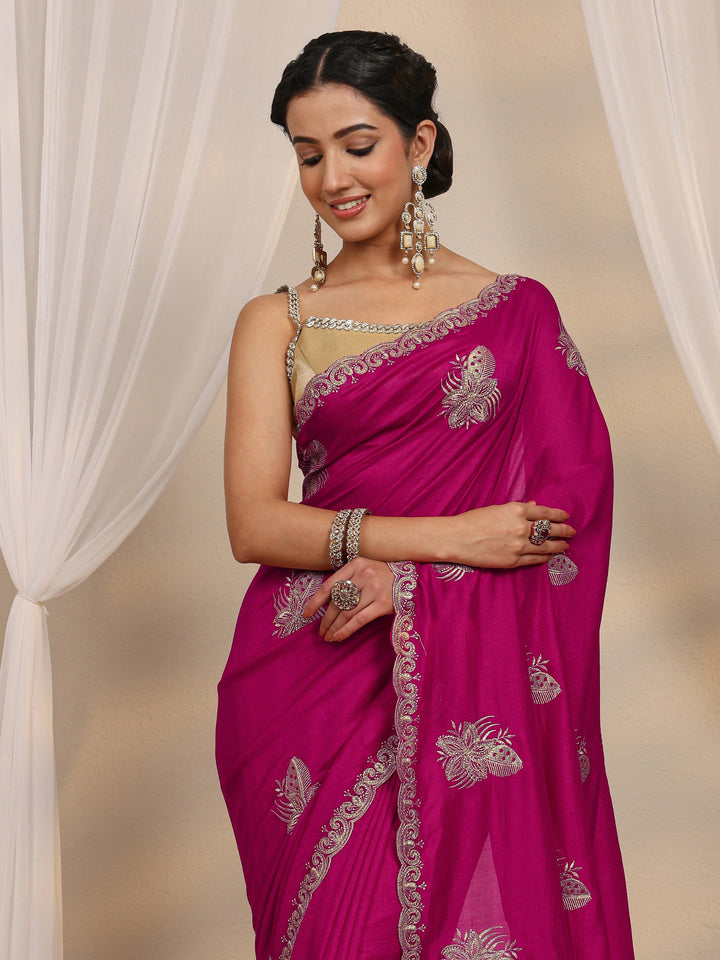 Pink Floral Embellished Silk Blend Saree With Unstitched Blouse Piece