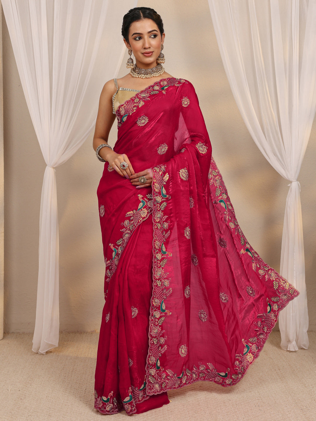 Red Floral Embellished Tissue Saree With Unstitched Blouse Piece