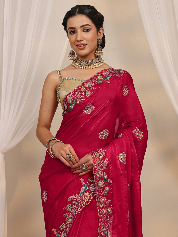 Red Floral Embellished Tissue Saree With Unstitched Blouse Piece