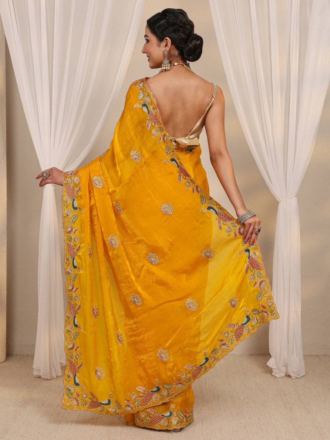 Mustard Ethnic Embroidered Tissue Saree With Unstitched Blouse Piece
