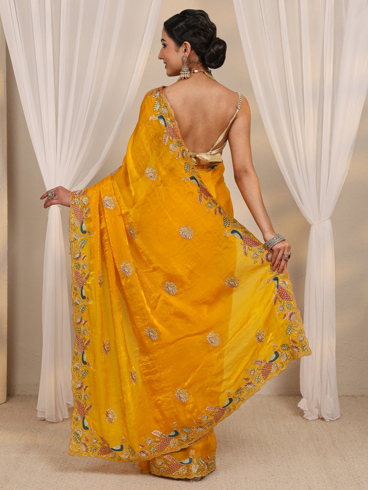 Mustard Ethnic Embroidered Tissue Saree With Unstitched Blouse Piece