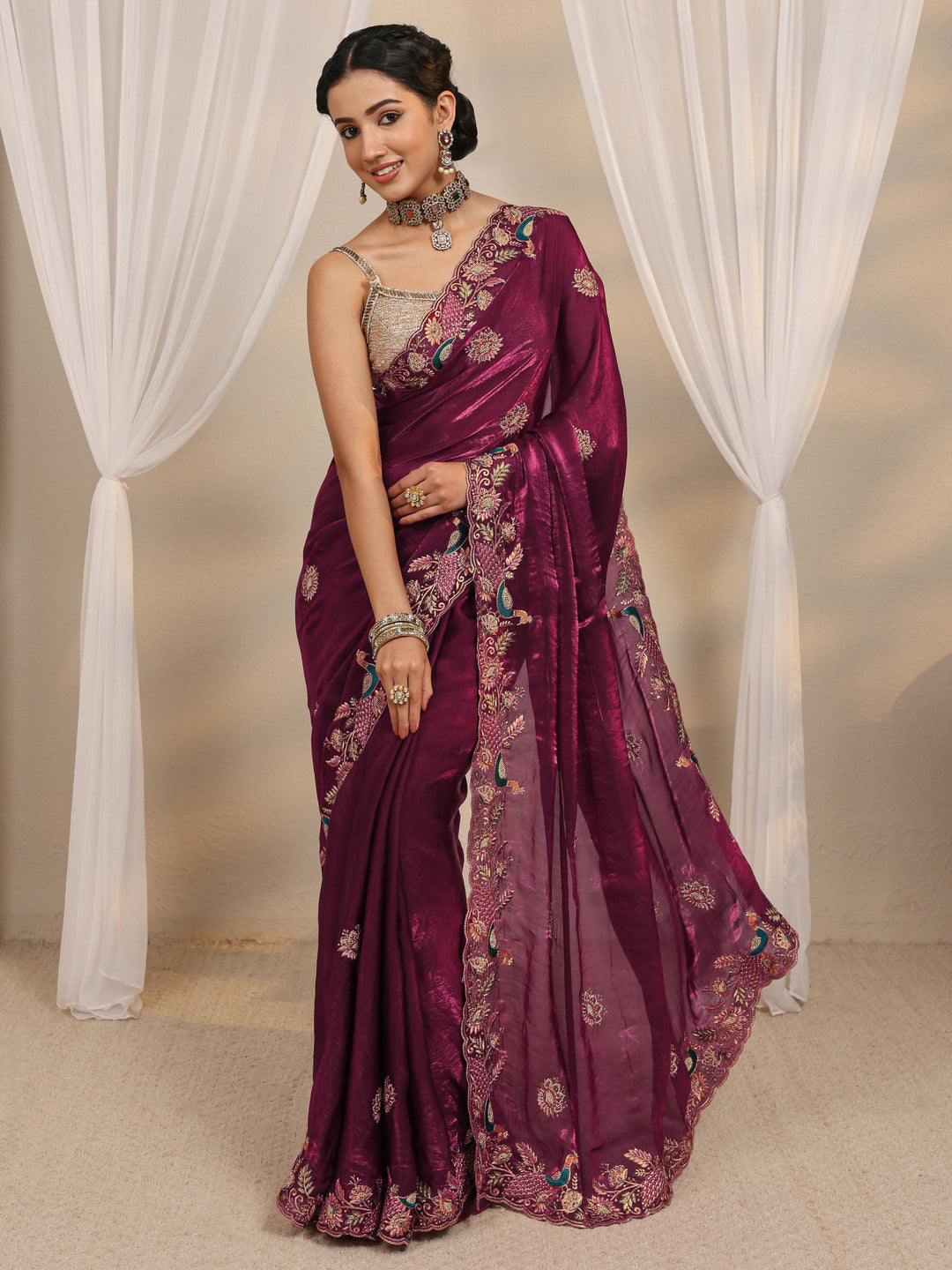 Libas Wine Ethnic Embroidered Tissue Saree With Unstitched Blouse Piece