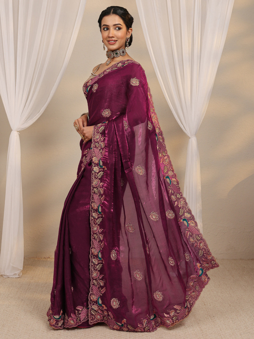 Libas Wine Ethnic Embroidered Tissue Saree With Unstitched Blouse Piece