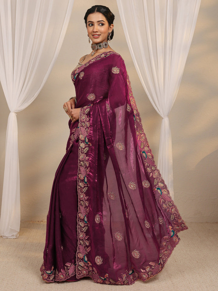 Libas Wine Ethnic Embroidered Tissue Saree With Unstitched Blouse Piece