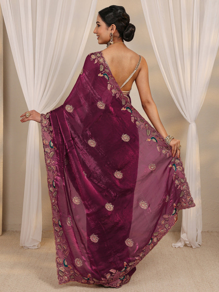Libas Wine Ethnic Embroidered Tissue Saree With Unstitched Blouse Piece