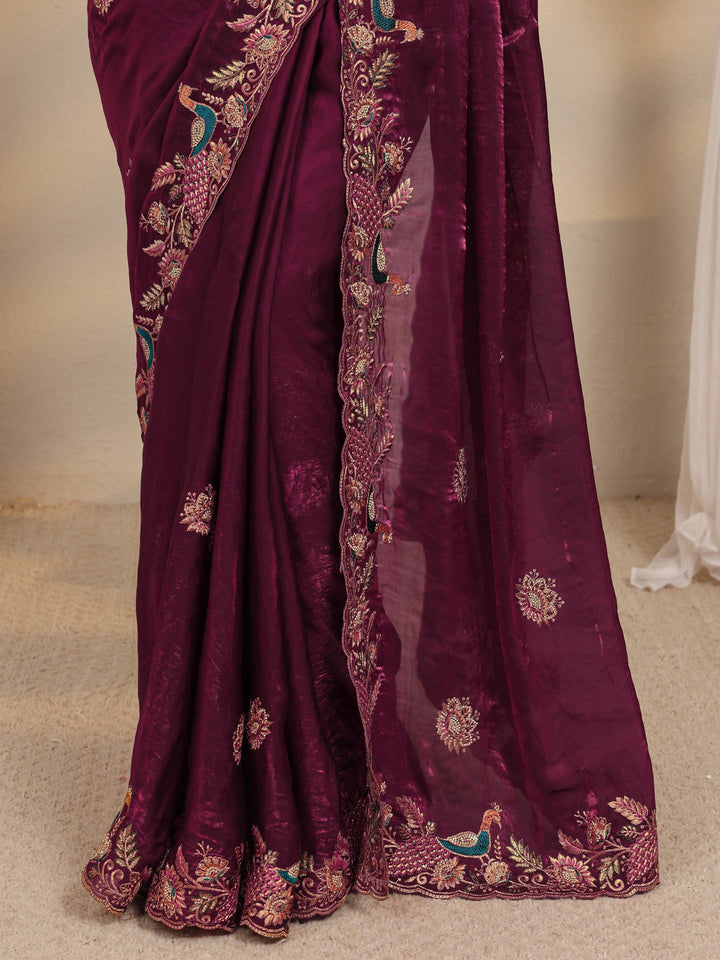 Libas Wine Ethnic Embroidered Tissue Saree With Unstitched Blouse Piece