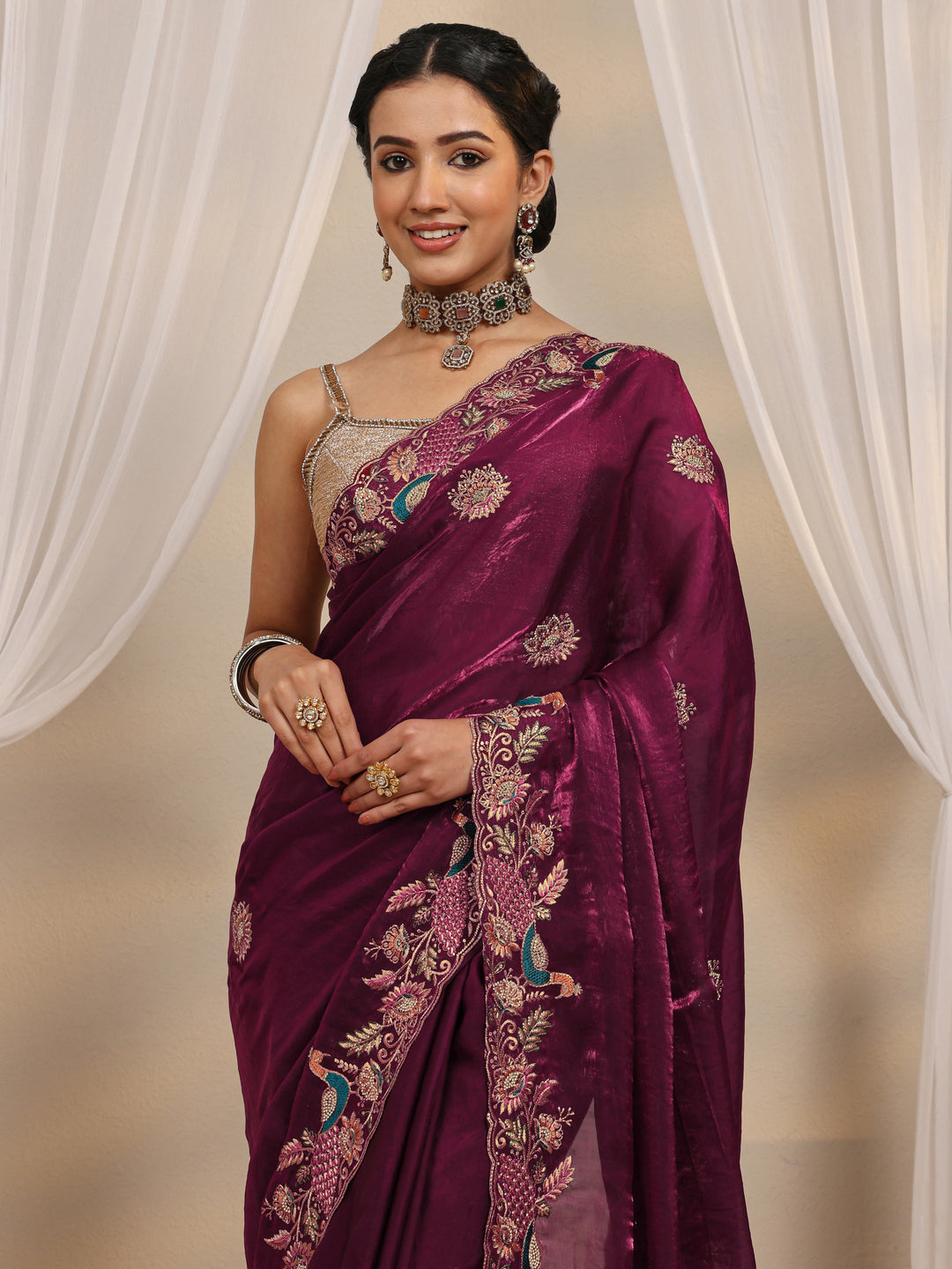 Libas Wine Ethnic Embroidered Tissue Saree With Unstitched Blouse Piece