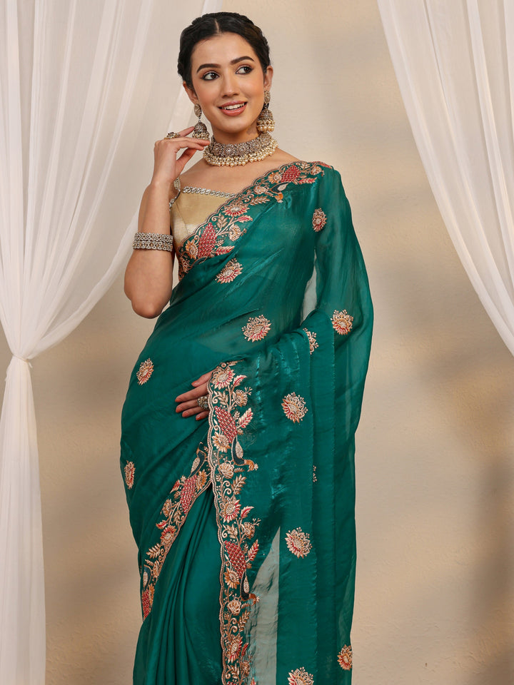 Green Ethnic Embroidered Tissue Saree With Unstitched Blouse Piece