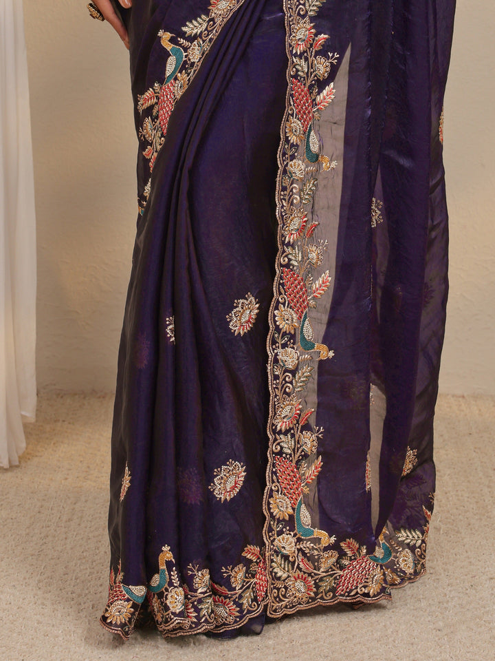 Purple Ethnic Embroidered Tissue Saree With Unstitched Blouse Piece