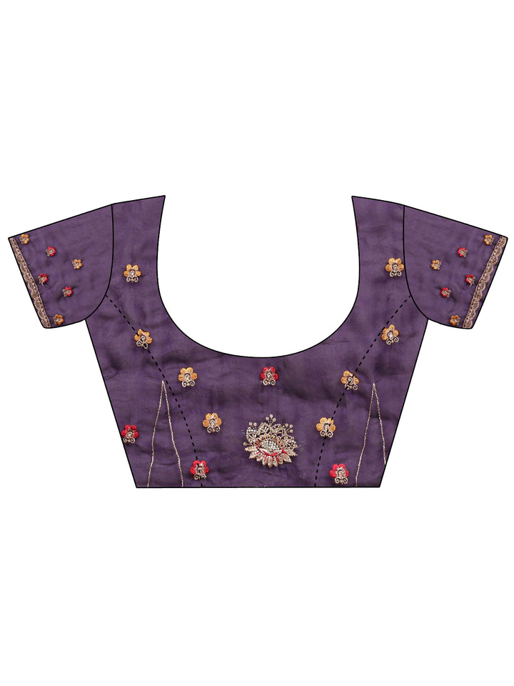 Purple Ethnic Embroidered Tissue Saree With Unstitched Blouse Piece