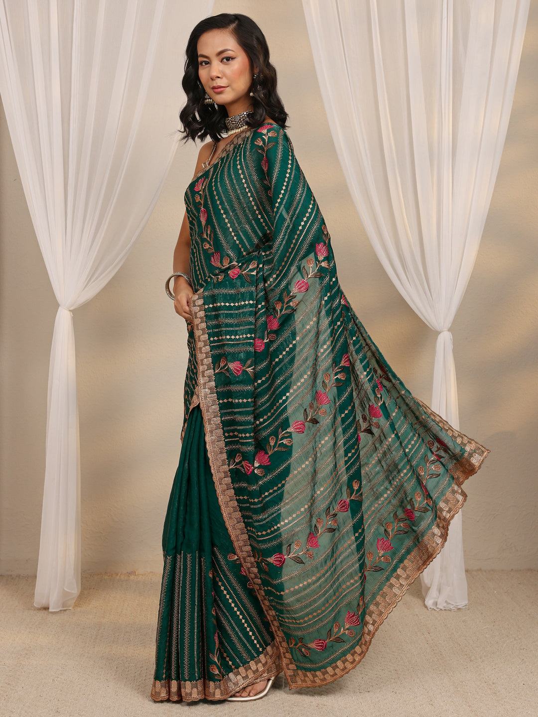 Green Floral Embellished Tissue Saree With Unstitched Blouse Piece