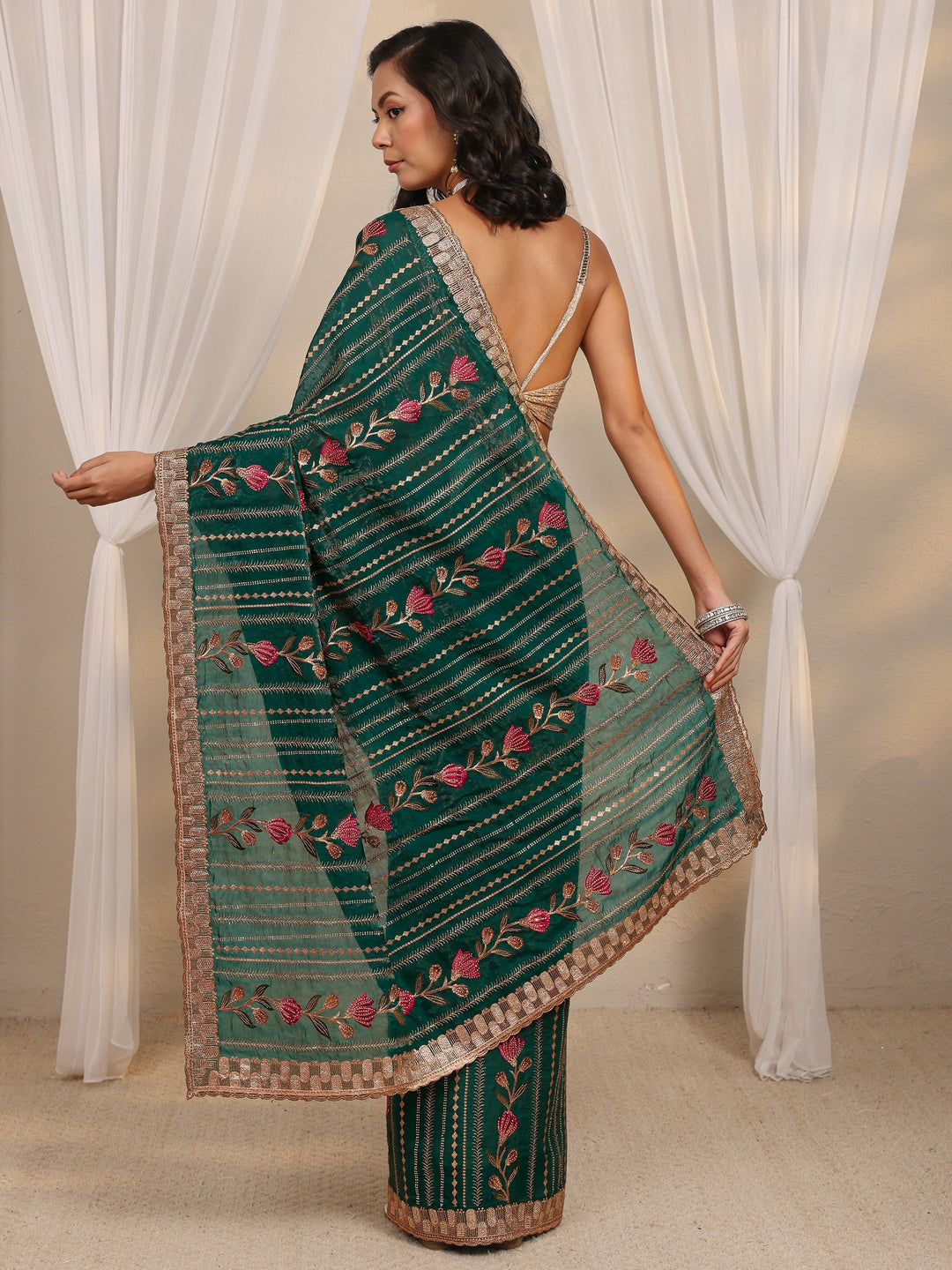 Green Floral Embellished Tissue Saree With Unstitched Blouse Piece