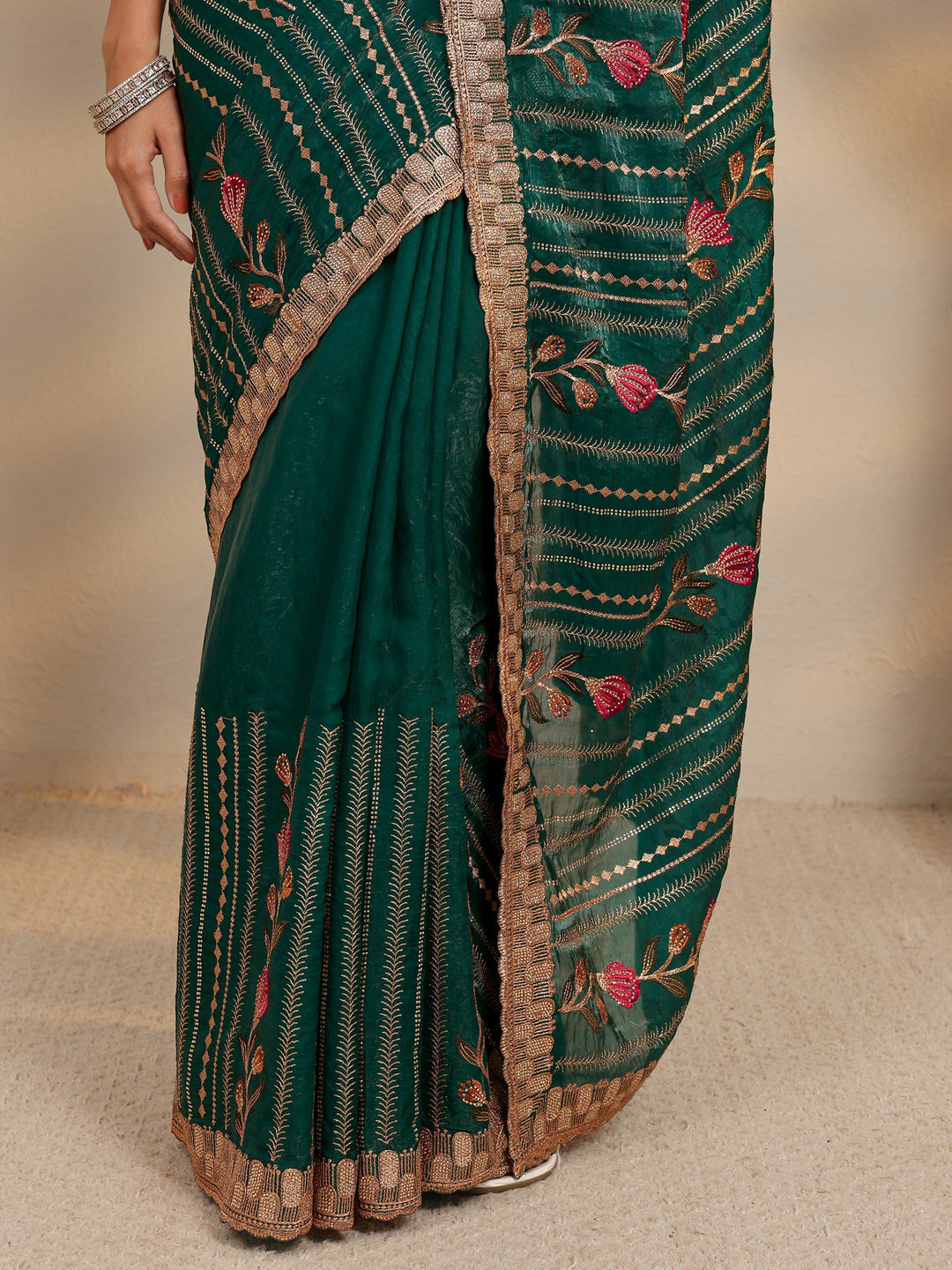 Green Floral Embellished Tissue Saree With Unstitched Blouse Piece