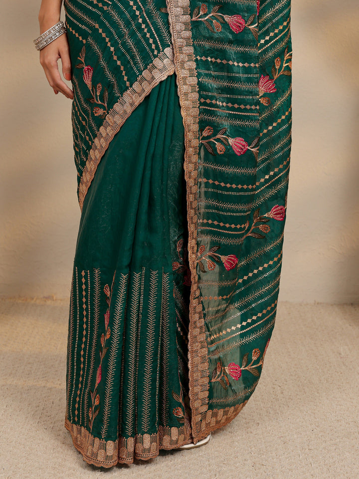 Green Floral Embellished Tissue Saree With Unstitched Blouse Piece