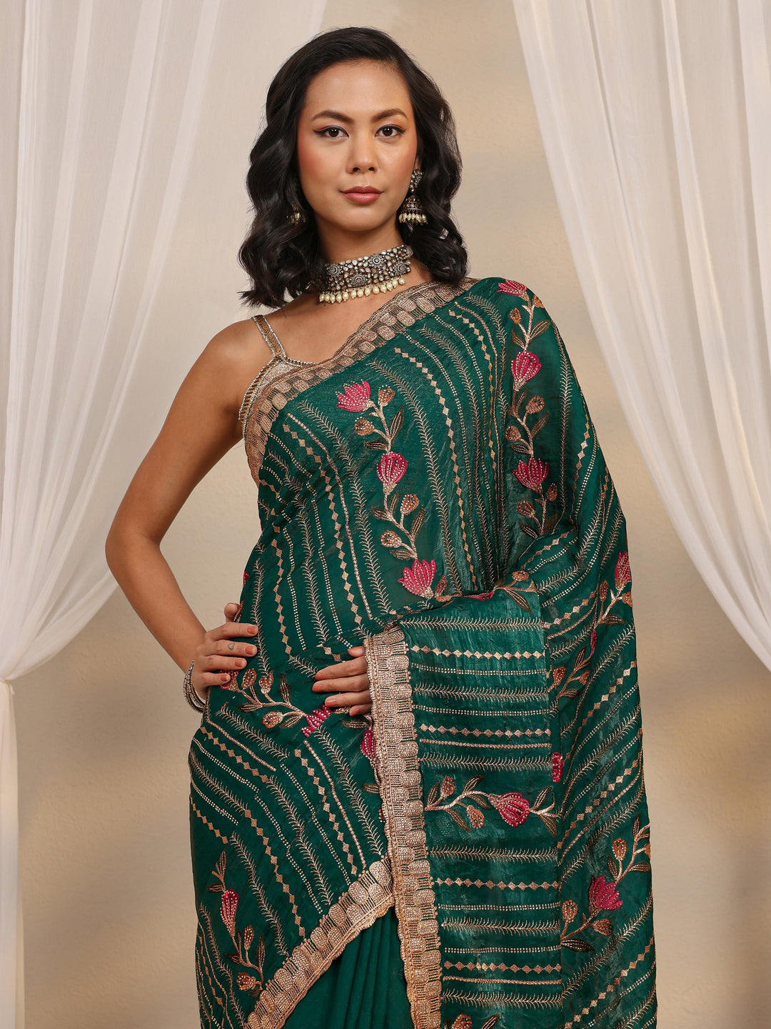 Green Floral Embellished Tissue Saree With Unstitched Blouse Piece