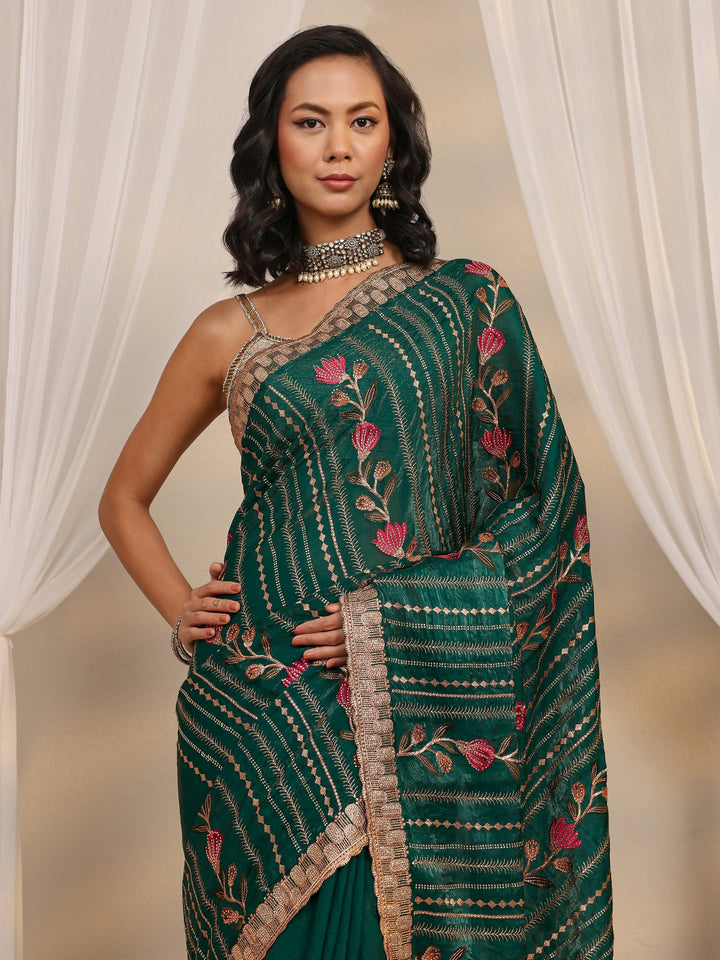 Green Floral Embellished Tissue Saree With Unstitched Blouse Piece