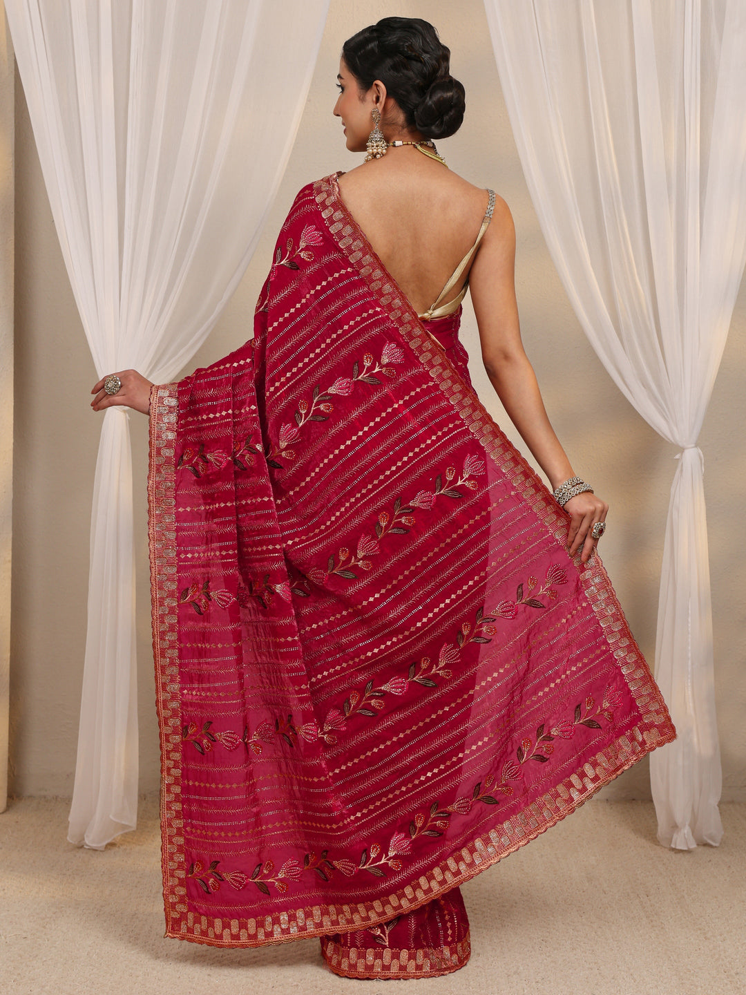 Burgundy Ethnic Embroidered Tissue Saree With Unstitched Blouse Piece