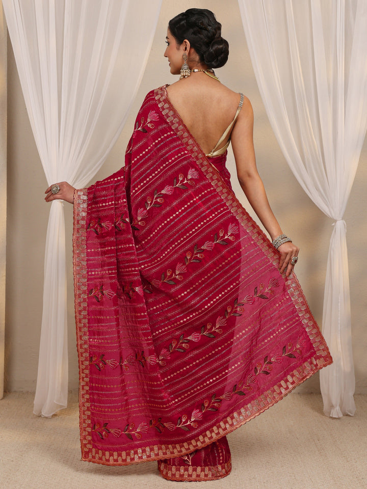 Burgundy Ethnic Embroidered Tissue Saree With Unstitched Blouse Piece