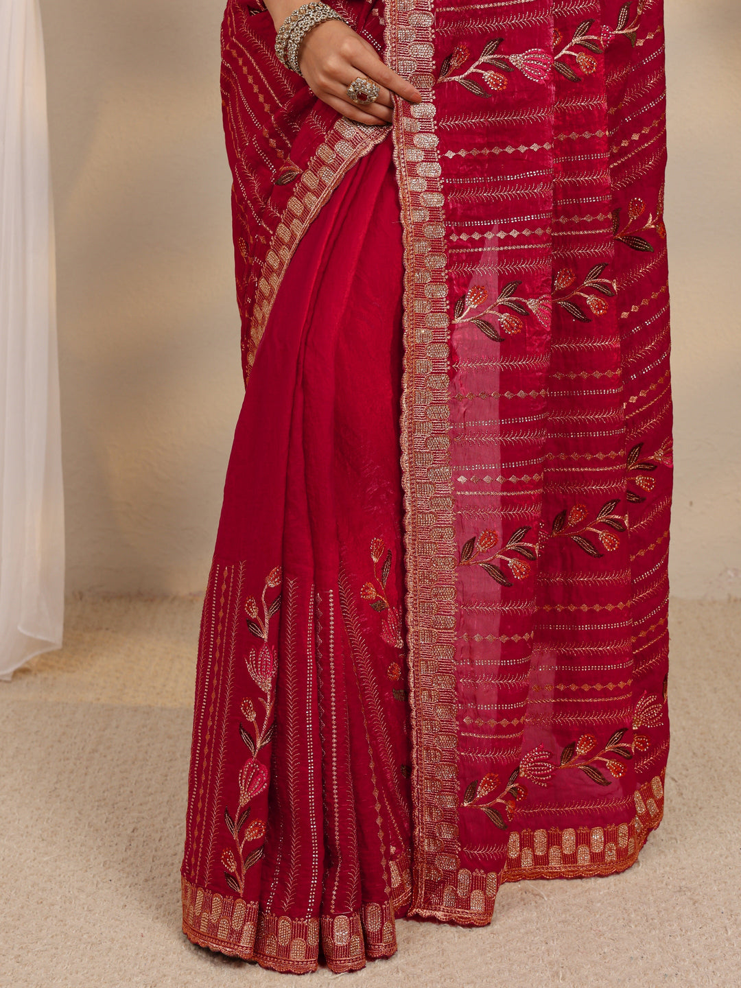 Burgundy Ethnic Embroidered Tissue Saree With Unstitched Blouse Piece