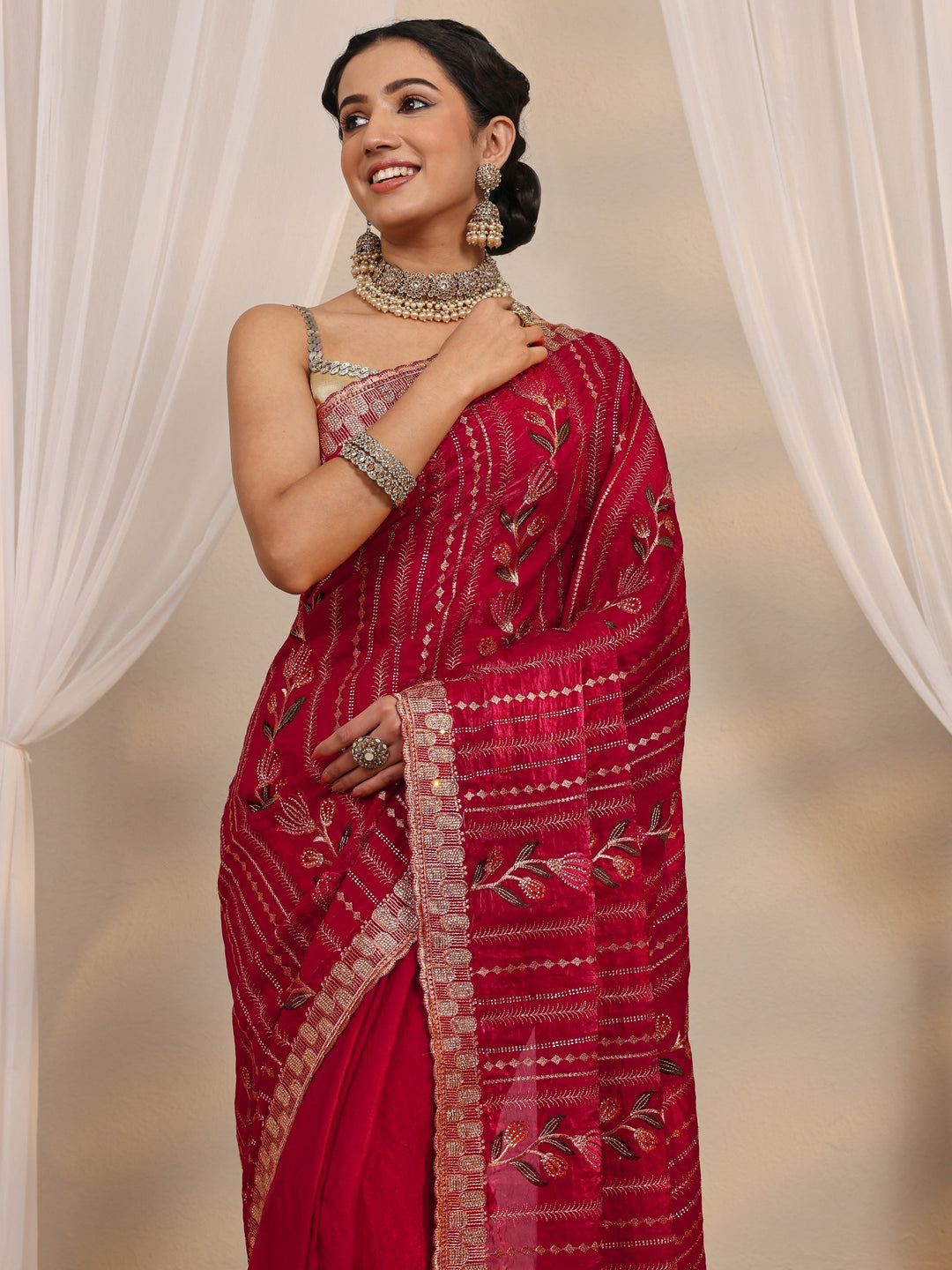 Burgundy Ethnic Embroidered Tissue Saree With Unstitched Blouse Piece