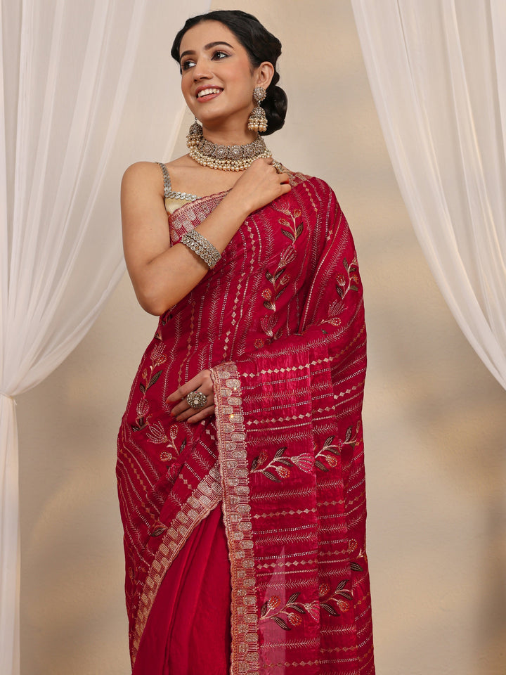 Burgundy Ethnic Embroidered Tissue Saree With Unstitched Blouse Piece