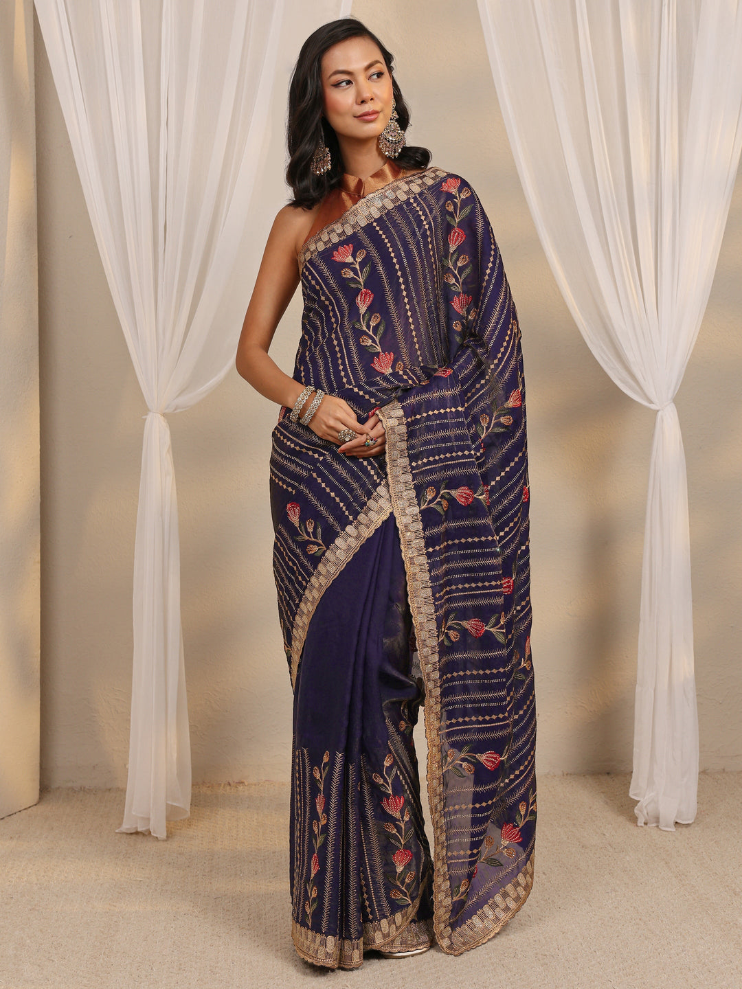 Purple Floral Embellished Tissue Saree With Unstitched Blouse Piece