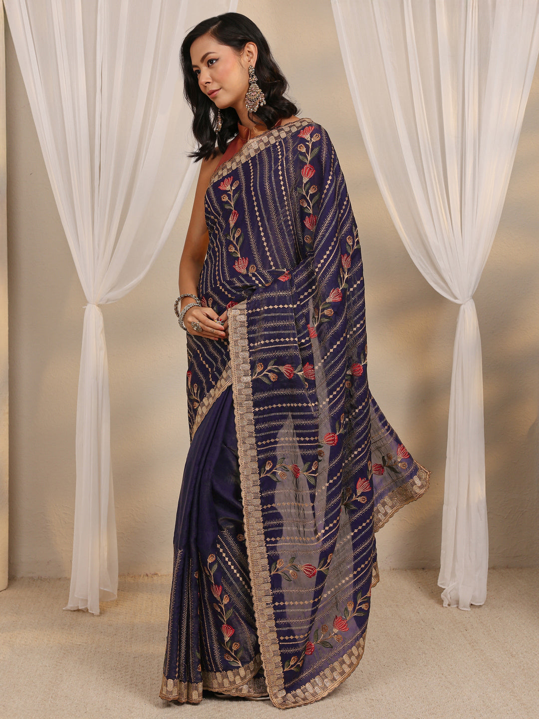 Purple Floral Embellished Tissue Saree With Unstitched Blouse Piece