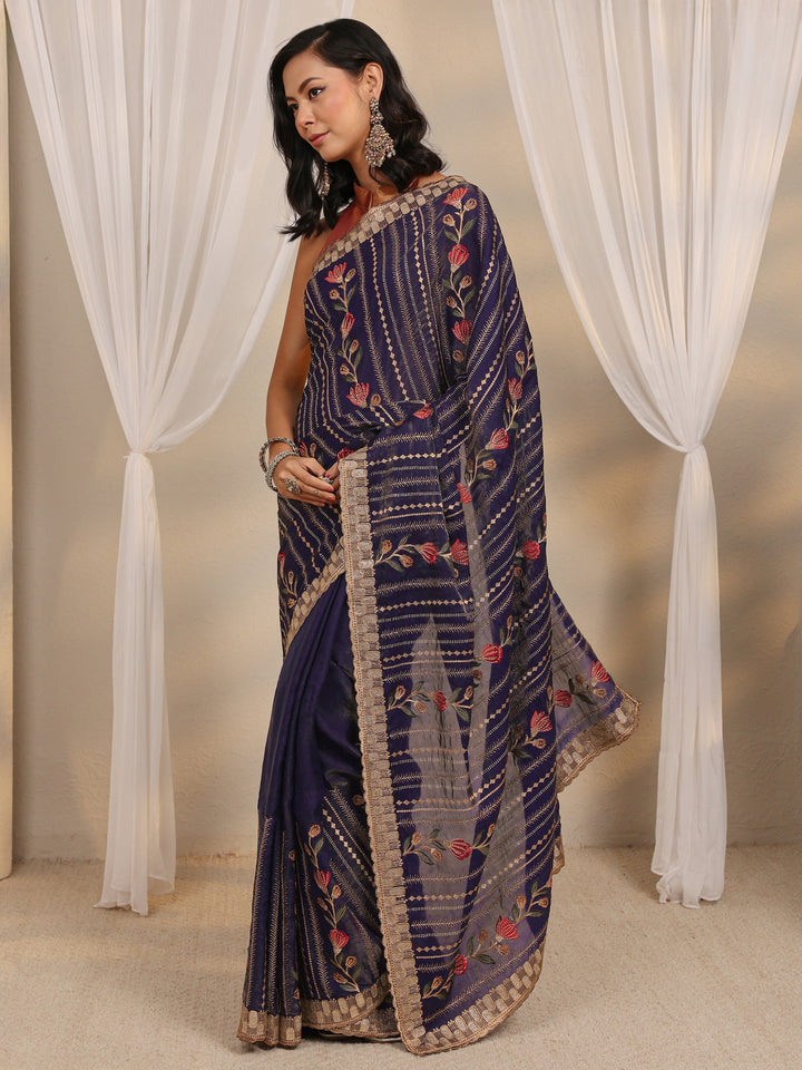 Purple Floral Embellished Tissue Saree With Unstitched Blouse Piece