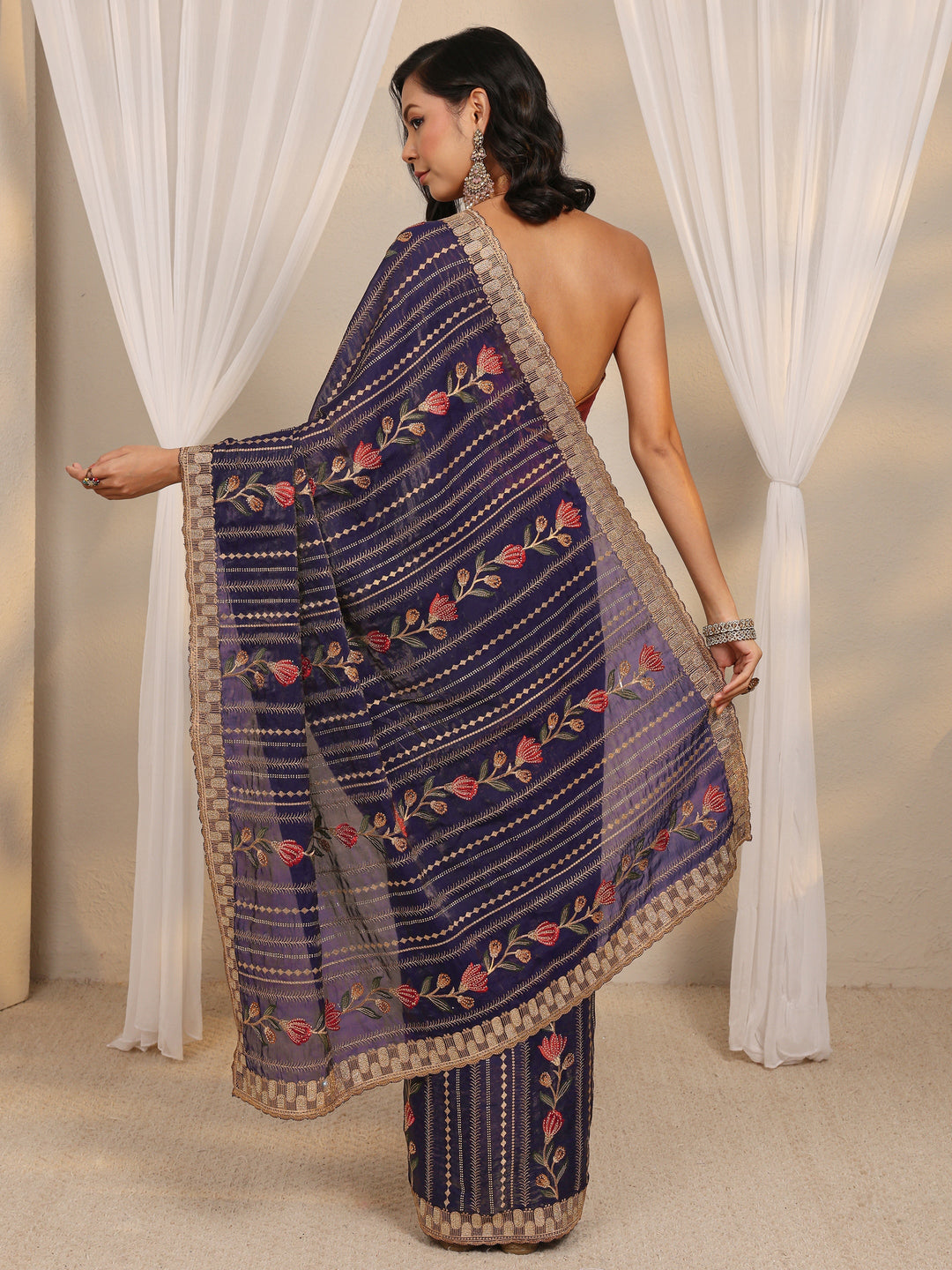 Purple Floral Embellished Tissue Saree With Unstitched Blouse Piece