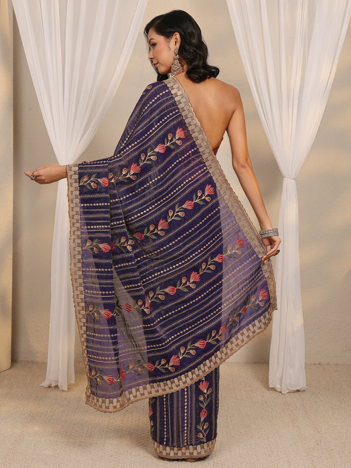 Purple Floral Embellished Tissue Saree With Unstitched Blouse Piece