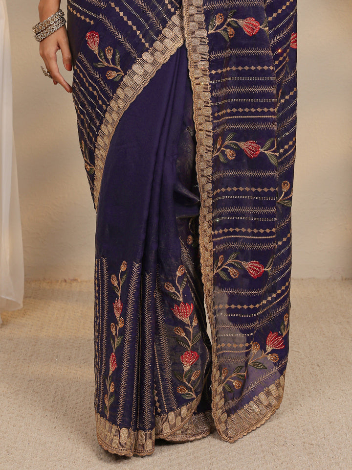 Purple Floral Embellished Tissue Saree With Unstitched Blouse Piece