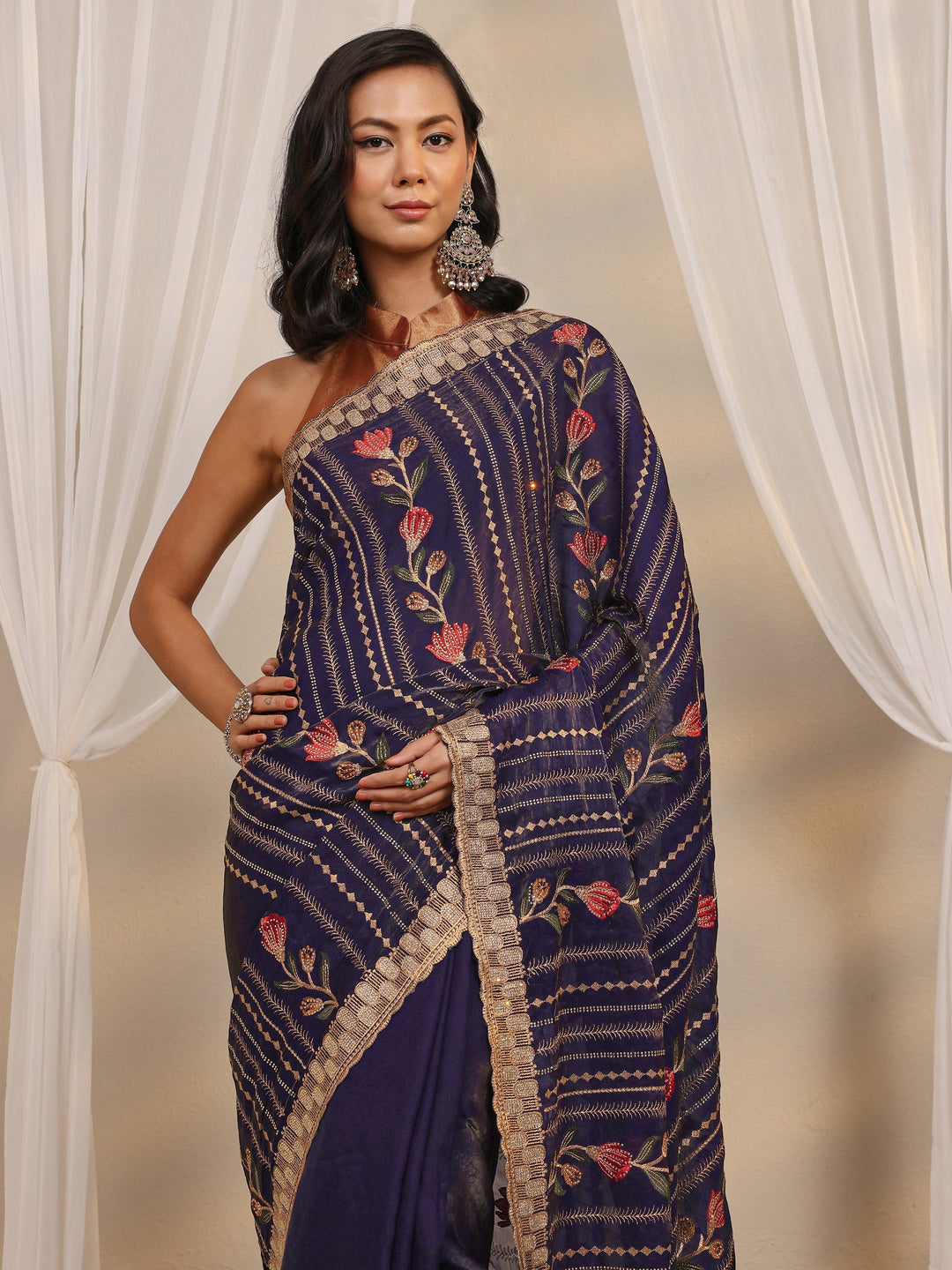 Purple Floral Embellished Tissue Saree With Unstitched Blouse Piece