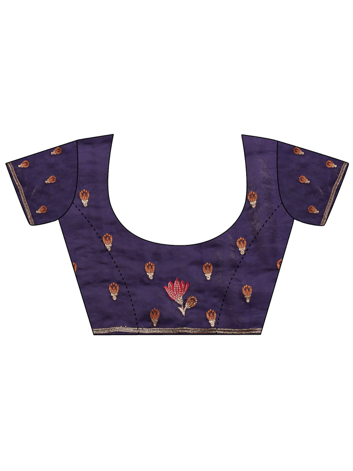 Purple Floral Embellished Tissue Saree With Unstitched Blouse Piece