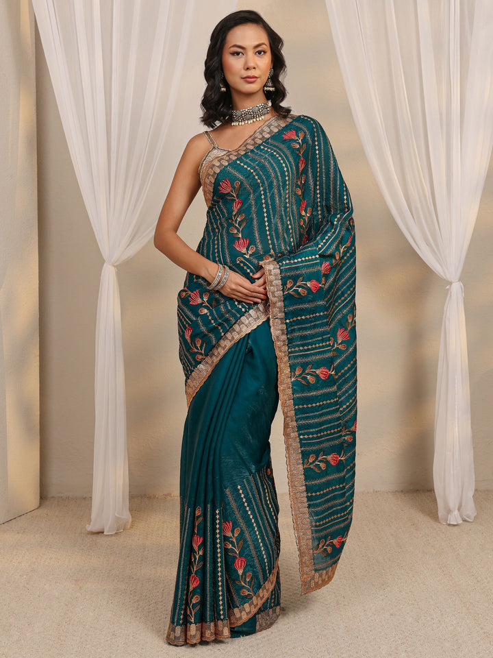 Blue Floral Embellished Tissue Saree With Unstitched Blouse Piece