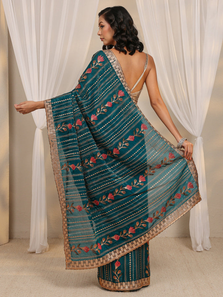 Blue Floral Embellished Tissue Saree With Unstitched Blouse Piece