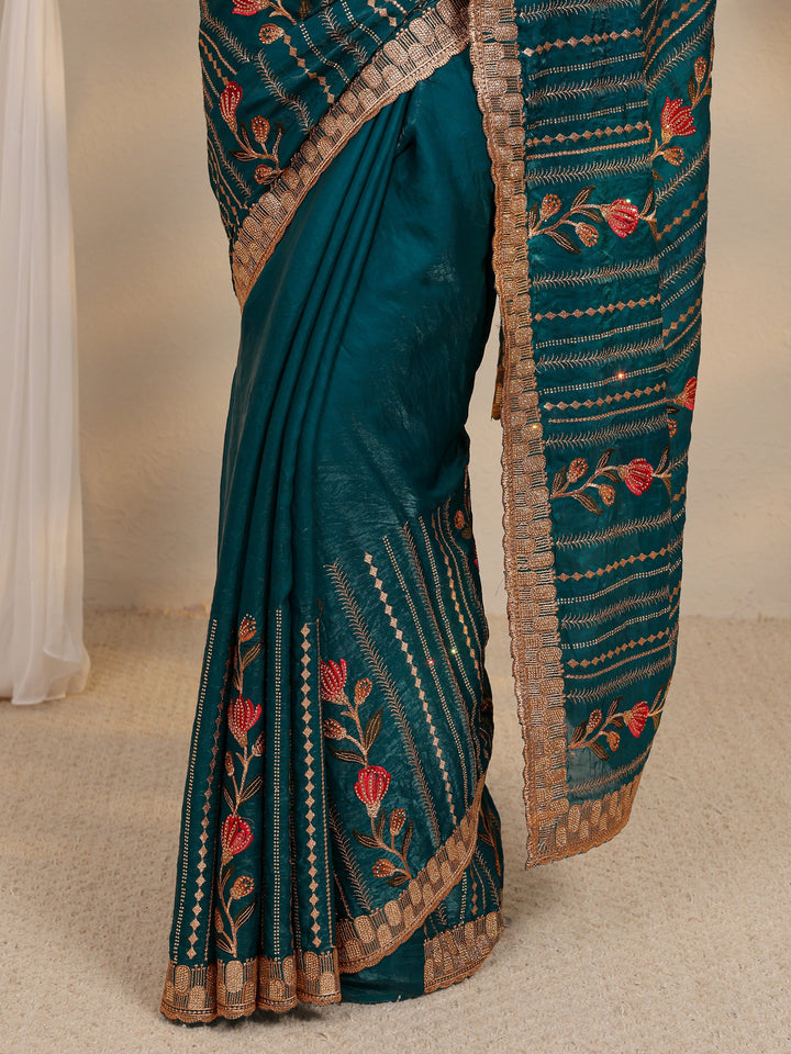 Blue Floral Embellished Tissue Saree With Unstitched Blouse Piece
