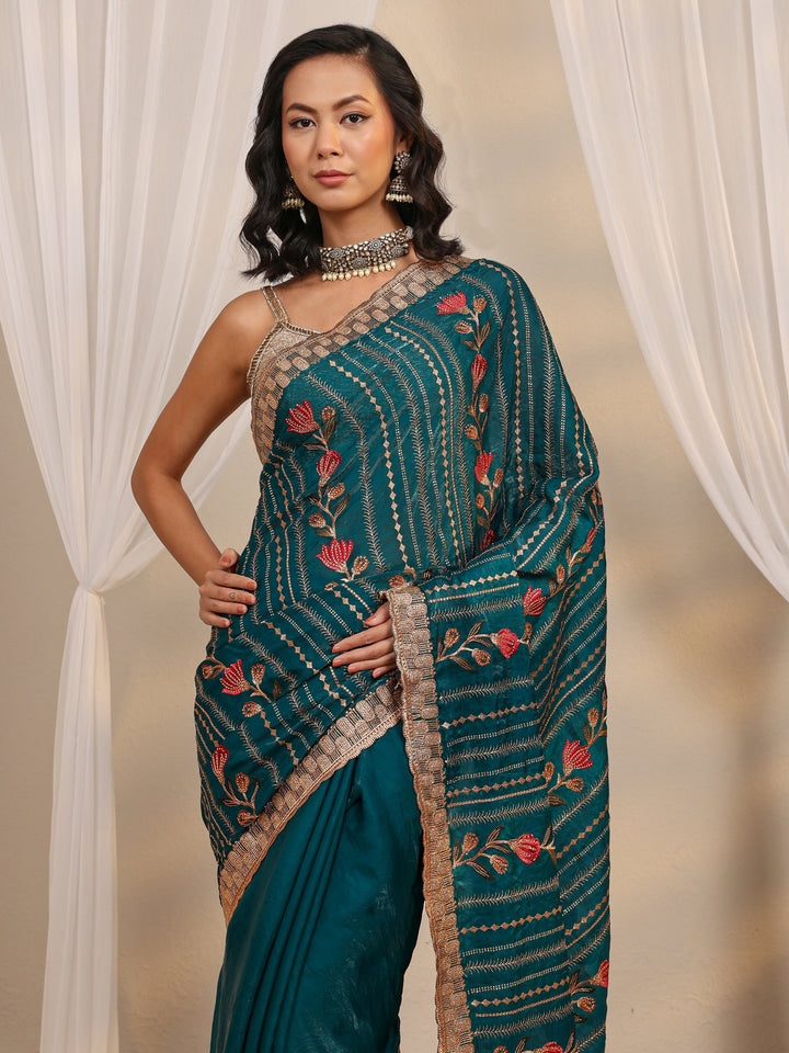 Blue Floral Embellished Tissue Saree With Unstitched Blouse Piece